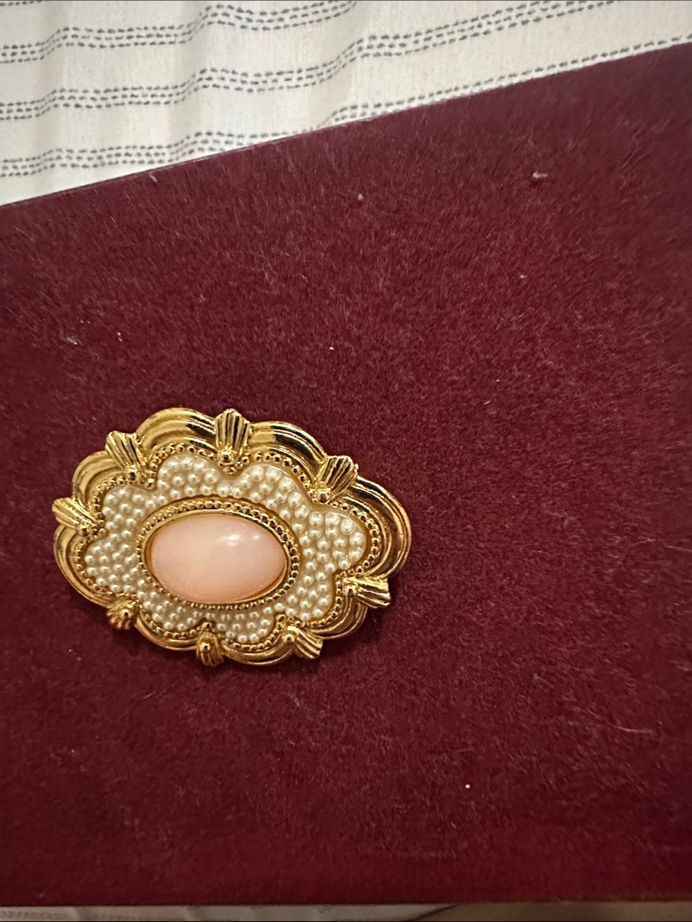 Avon Gold-Tone Brooch with Pink Cabochon and Pearl Accents